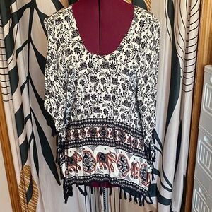 Chic Black and White Floral and elephant poncho with Fringe